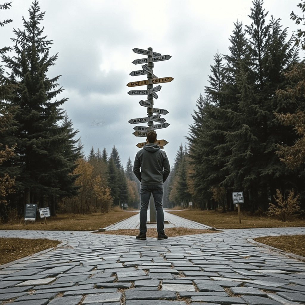Person steht vor einem Wegweiser mit vielen Richtungen – symbolisch für schnelles und langsames Denken und bewusste Entscheidungen.